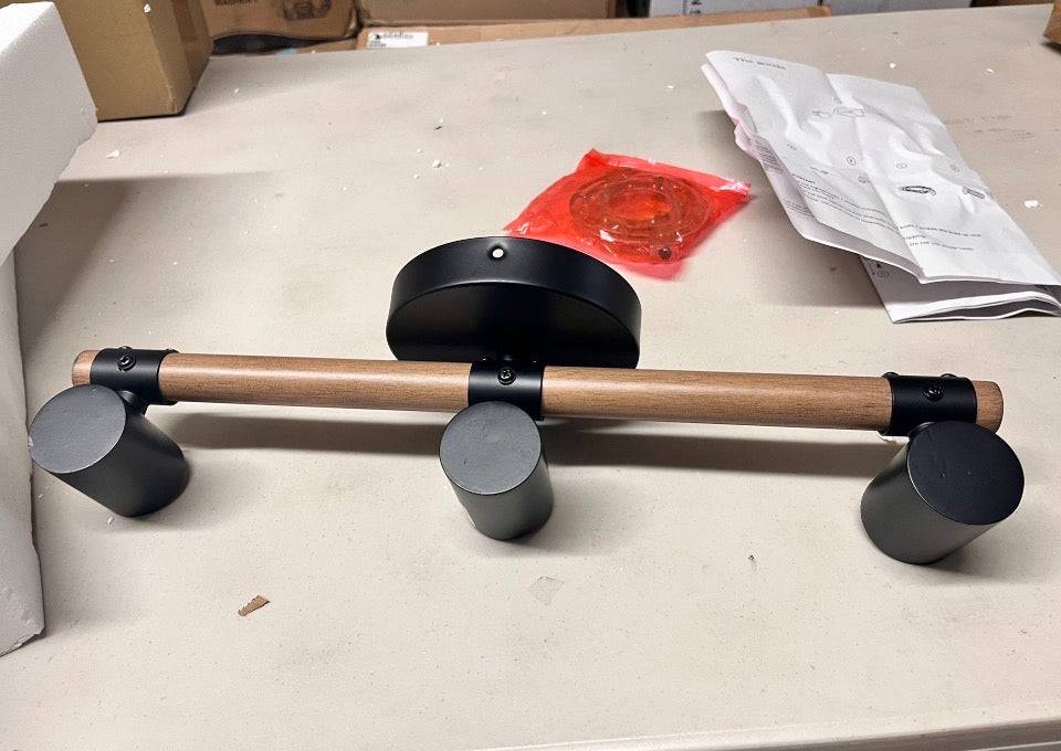 Open Box New Nathan James Henry 17 in. 3-Light Black Bathroom Vanity Light Wood and Metal NEW