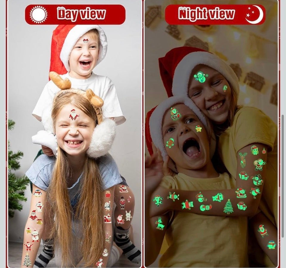 New HUSKEIN 10 Sheets Luminous Christmas Tattoos for Kids, Christmas Temporary Tattoos, Bulk Stocking Stuffers for Kids, Merry Xmas Party Decorations