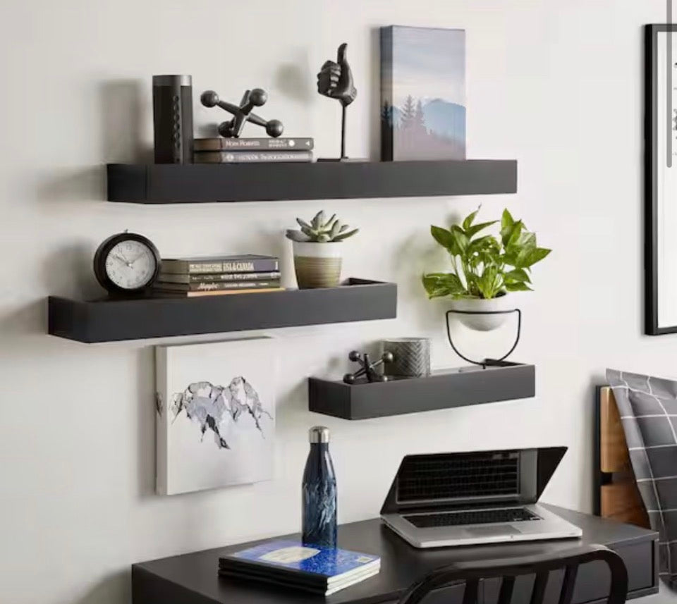 StyleWell modern black wood floating wall shelf set of 3 mounted with decor and plants in home office
