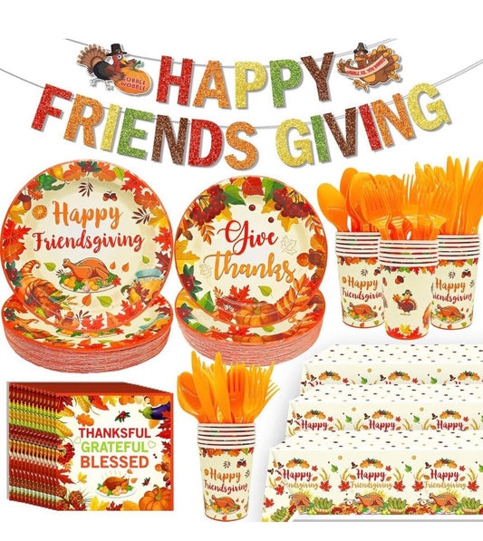 Open Box New Xcvwz 189Pcs Thanksgiving Party Supplies - Plates, Napkins, and Happy Friendsgiving Banner for Decorations