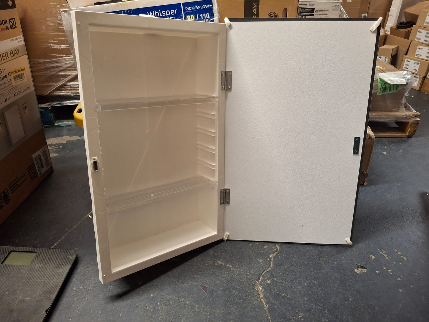 Open Box Glacier Bay 15-1/4 in. W x 26 in. H Framed Recessed or Surface-Mount Bathroom Medicine Cabinet with Mirror, Gray