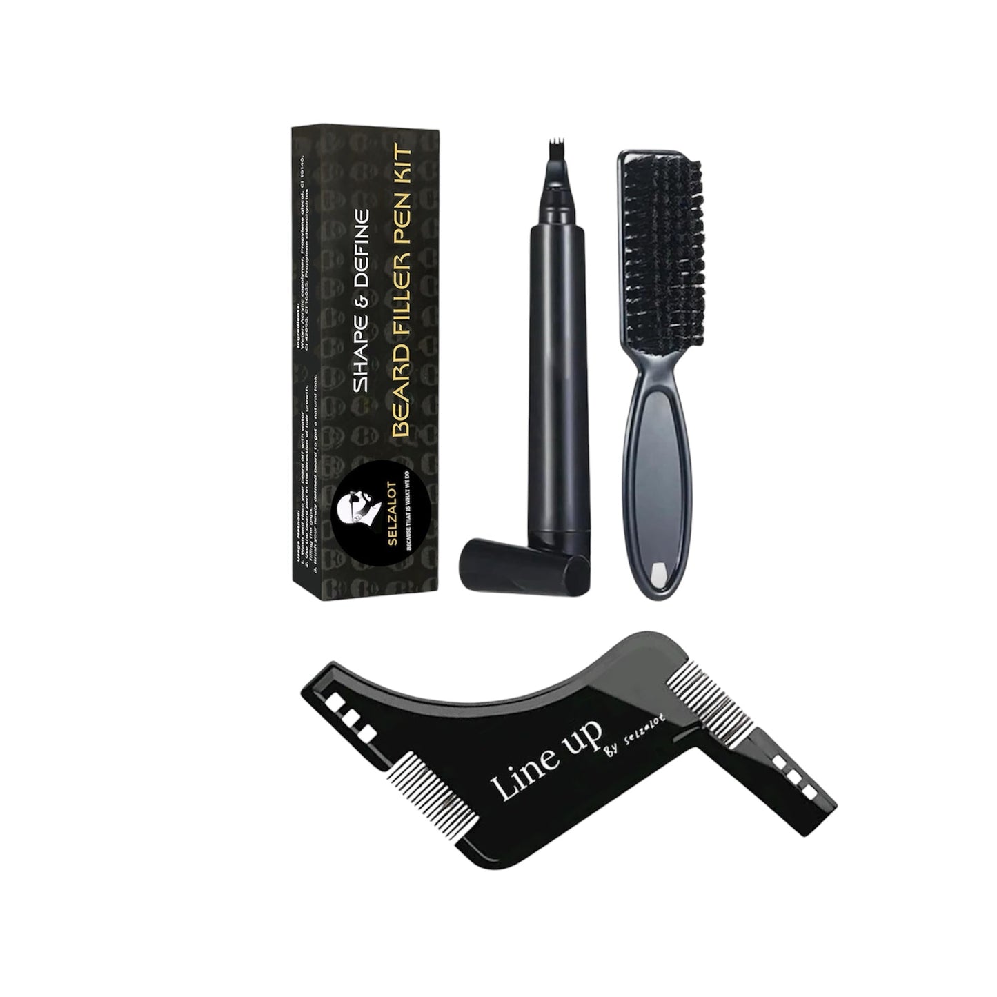 Beard filler pen kit with brush, black waterproof pen for grooming, includes beard shaper and styling tool for precise beard definition.
