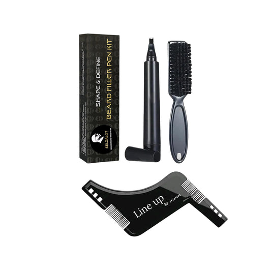 Beard filler pen kit with brush, black waterproof pen for grooming, includes beard shaper and styling tool for precise beard definition.