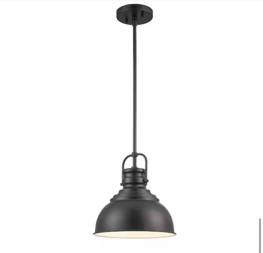 Home Decorators Collection Shelston 10 in. black farmhouse pendant light with metal shade.
