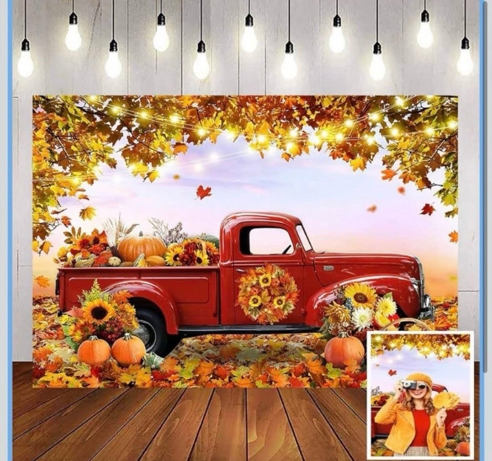 New Avezano Fall Forest Red Truck Photography Backdrop 8x6ft Autumn