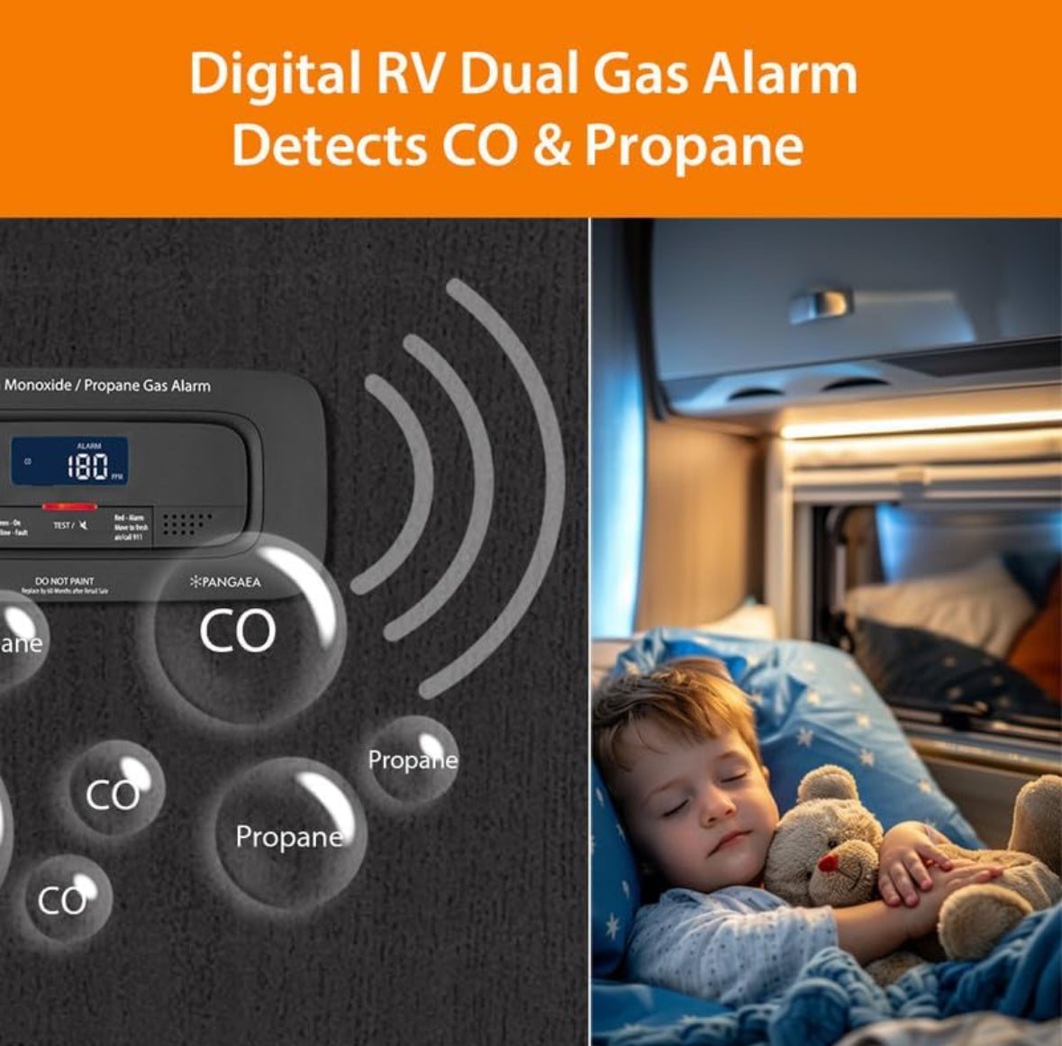 PANGAEA RV Carbon Monoxide & Propane Dual Gas Detector - Hard-Wired DC 12V, Large LCD Display, 85dB Loud Alarm, Easy Reset/Test Button - Ultimate Safety for Your Adventures (Flush Mount - Black