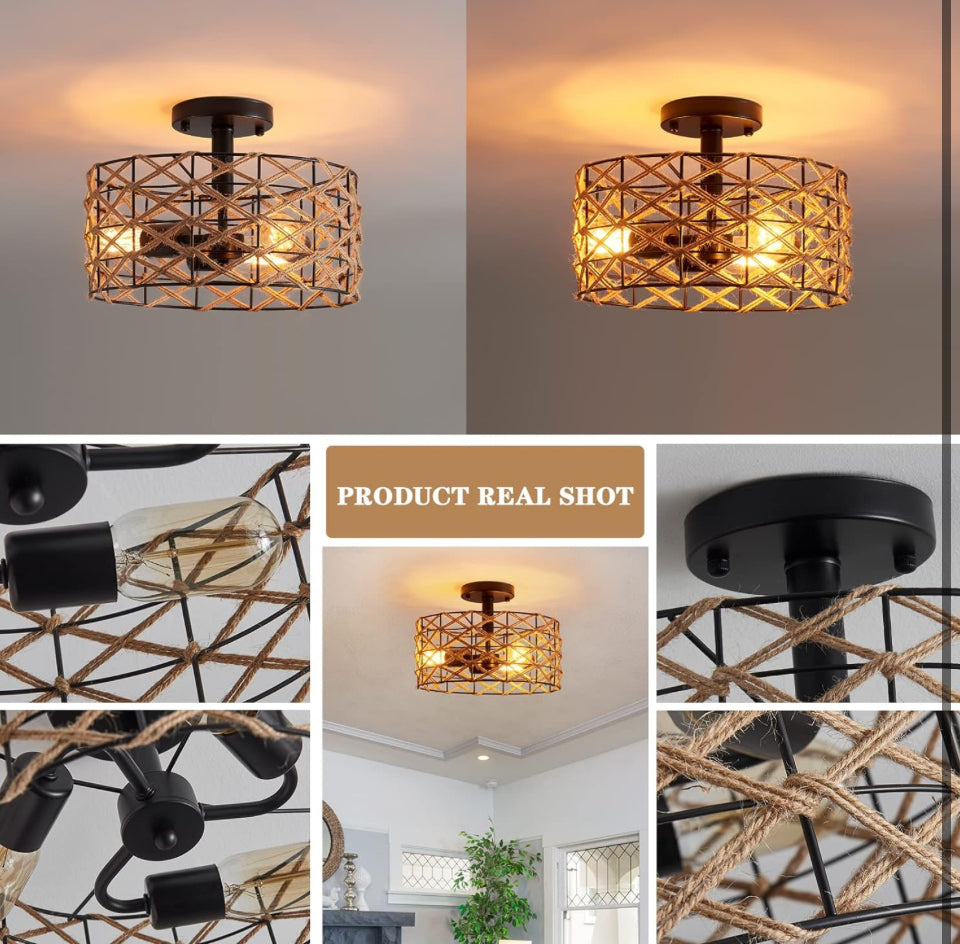 Open Box BUXVRCS Boho Flush Mount Ceiling Light, 3-Lights Black Drum Rustic Industrial Hemp Rope Cage Overhead Light Fixture, Rattan Light Fixtures for Hallway Bedroom Kitchen Entryway Farmhouse E26 Base