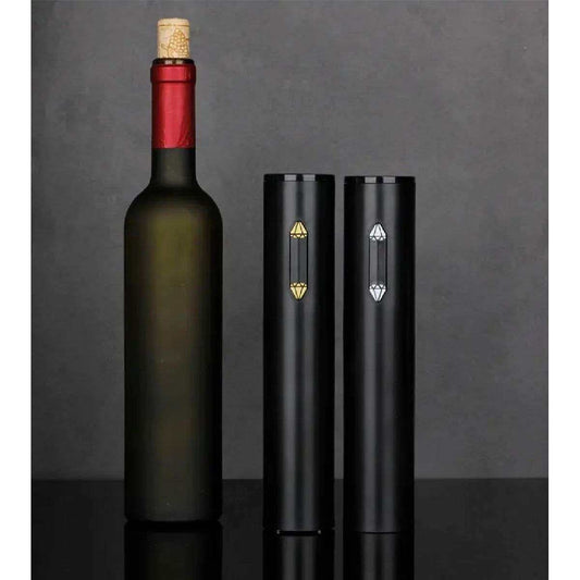 SELZALOT all black plastic electric wine opener with a corked wine bottle on a black surface