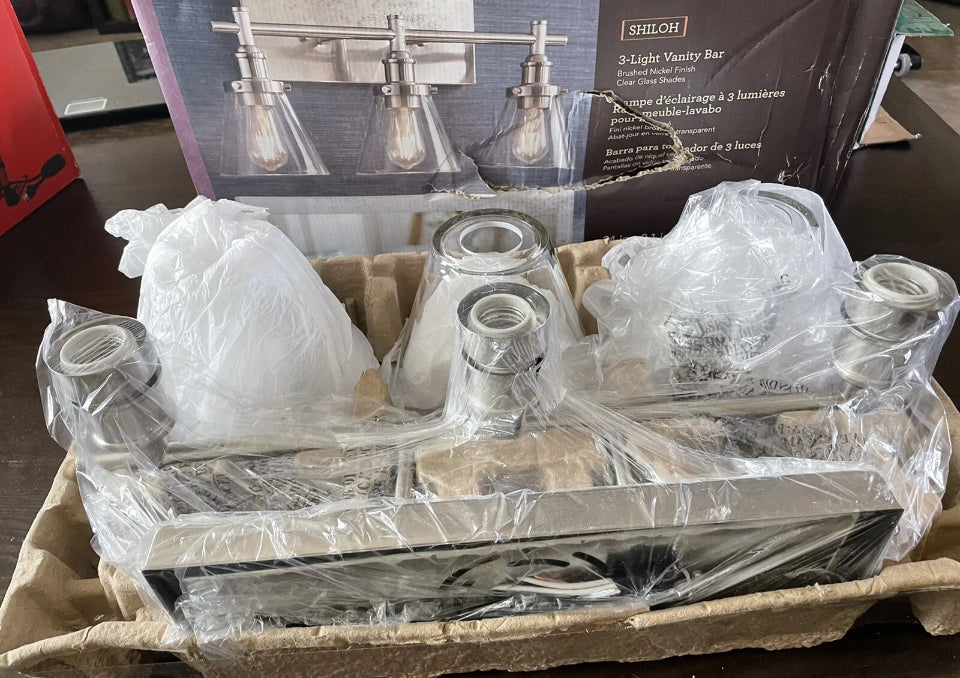 NEW OPEN PACKAGE Allen + Roth Shiloh 3-Light Nickel Farmhouse Vanity Light Bar