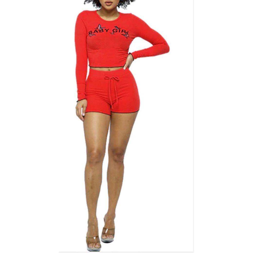 Baby girl print ribbed short set in fire red, new with tags.