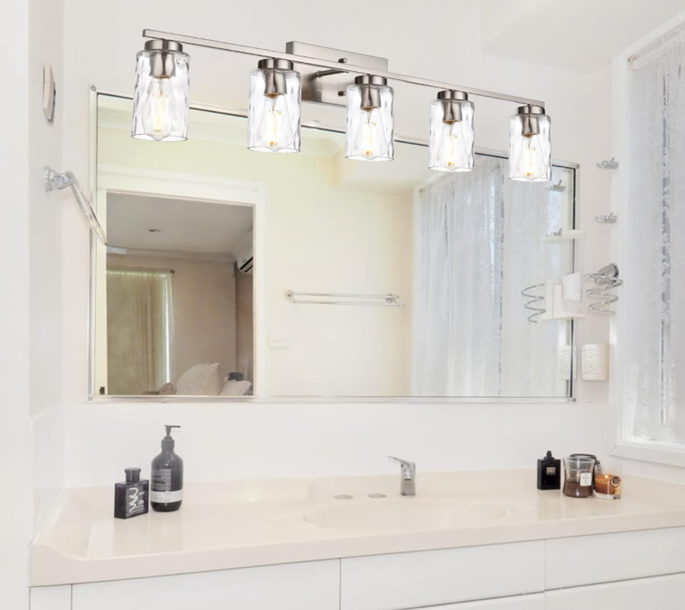 Vanity Lights for Bathroom 5 Light Sconces Vanity Light Fixture Modern Brushed Nickel Wall Mount Lighting with Clear Hammered Shade, Wall Lights for B - Selzalot