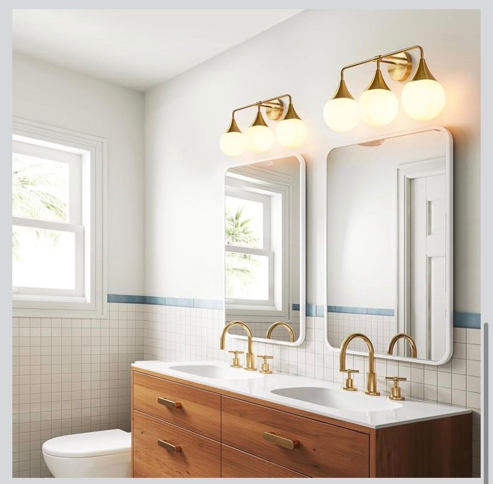 HAHZT Bathroom Vanity Light Fixtures: 3-Light Mid Century Modern Bathroom Lighting Fixtures Over Mirror - Brass Gold Wall Sconce with Milky White Globe Glass for Bath Living Room