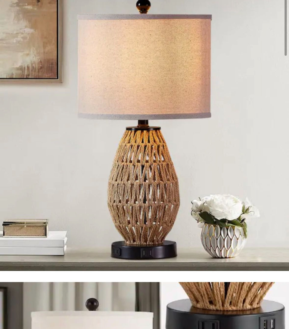 Open box Adone 23 in. H Brown Touch Control Rattan Table Lamps with 2 USB Ports and