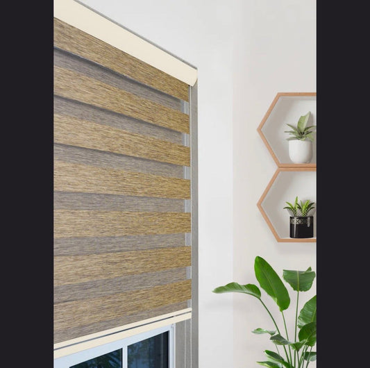 Symple Stuff brown custom-cut zebra blinds for indoor windows with light filtering and room darkening dual-layer roller shades