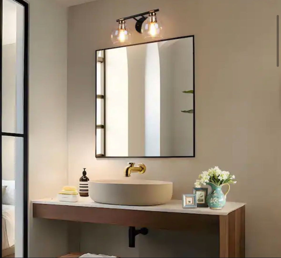 Open Box Zevniv14 in. 2-Light Modern Black Bathroom Vanity Light, Rustic Vintage Brass Vanity Light, Globe Seeded Glass Wall Sconce