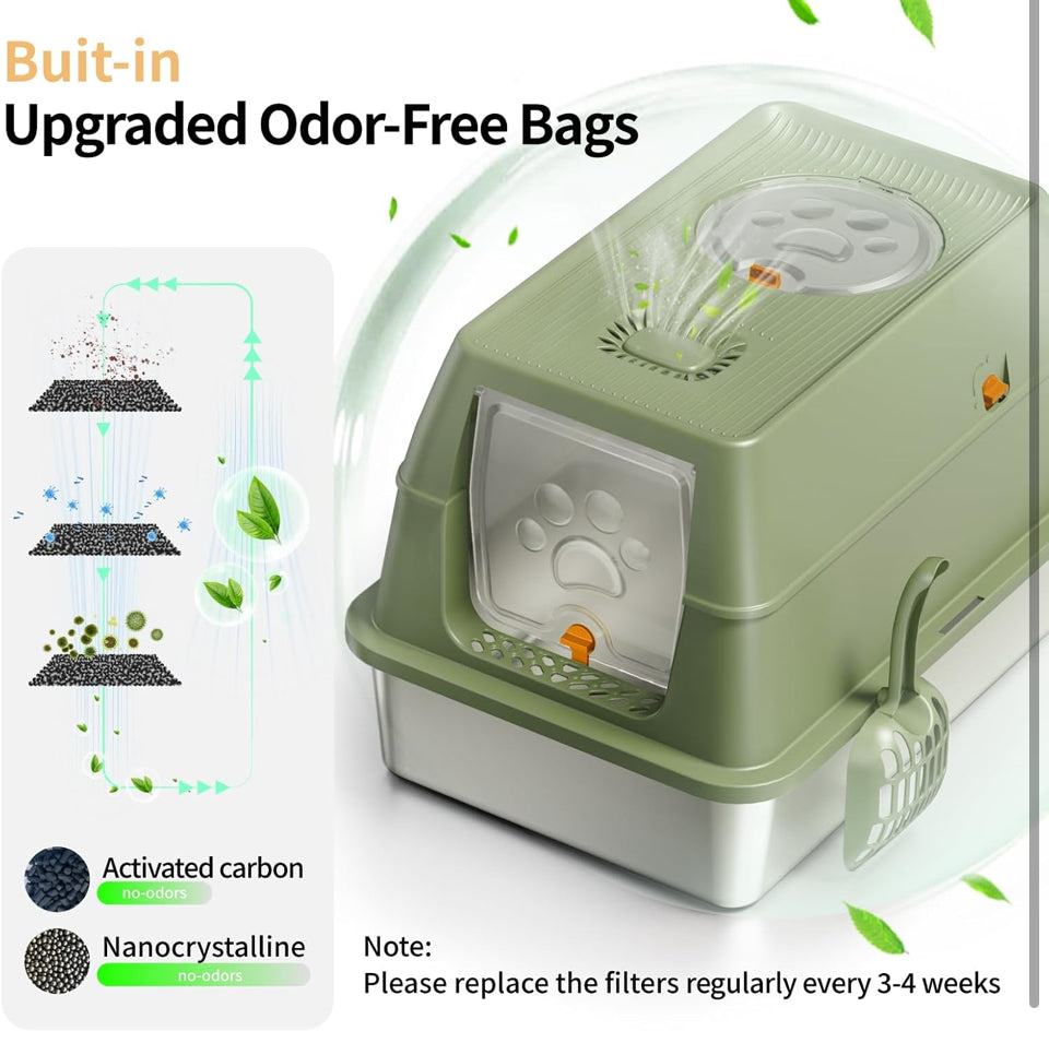 Open Box EOSARCU Stainless Steel Cat Litter Box with Lid, XL Large Enclosed High Sided Litter Box with Removable Lid, Carbon Filters -Odor Free, Easy