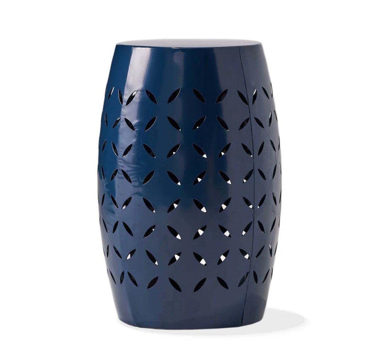Dark blue all-metal construction side table with laser-cut geometric lattice pattern and stable barrel shape