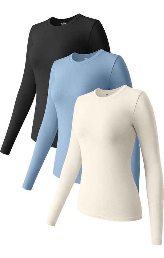 Brand New OQQ Womens 3 Piece Long Sleeve Tops Crew Neck Stretch Fitted Underscrubs Layer Tee Shirts 2025 Casual Outfits