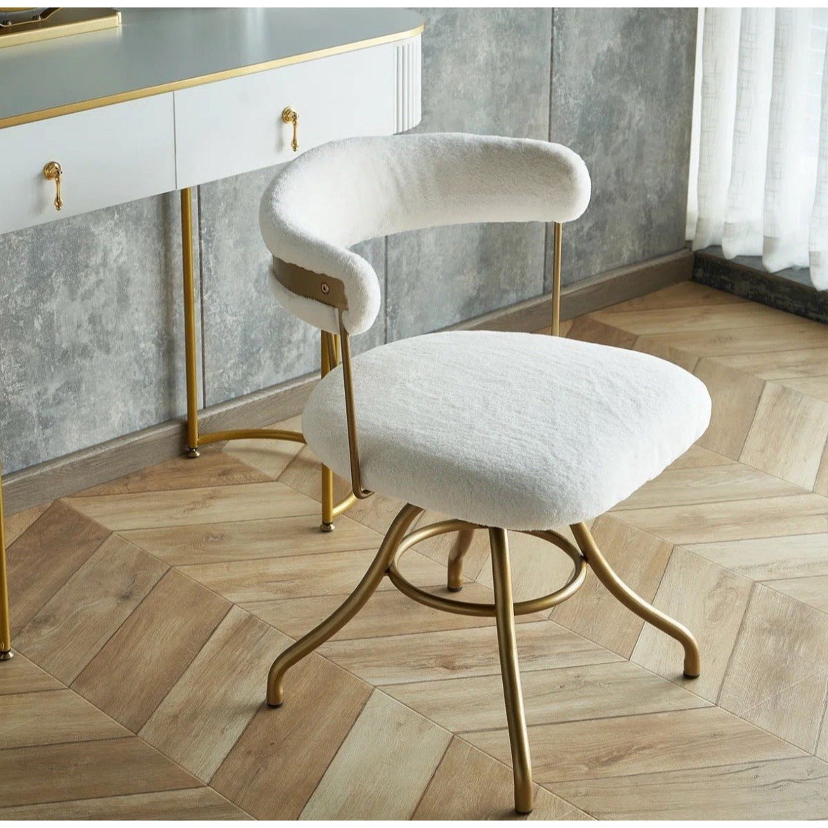 Rosdorf Park Milahni faux fur vanity chair with gold metal frame and ergonomic design