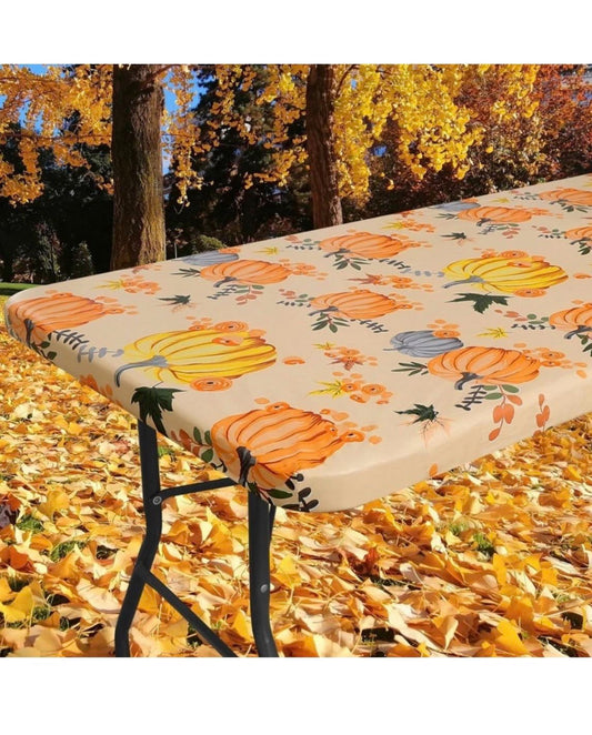New Smiry Plastic Thanksgiving Tablecloth, Pumpkin Waterproof Elastic Fitted