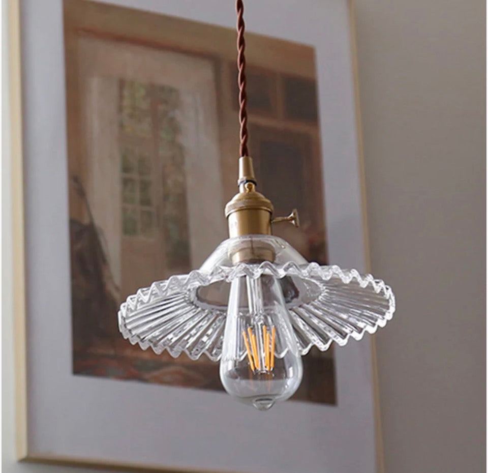 Open Box "I-xun 8.66"" Width Brass Pendant Light Industrial Scalloped Glass Shade Mini Hanging Lamp for Coffee Shop - 110V-120V Brass Clear"
