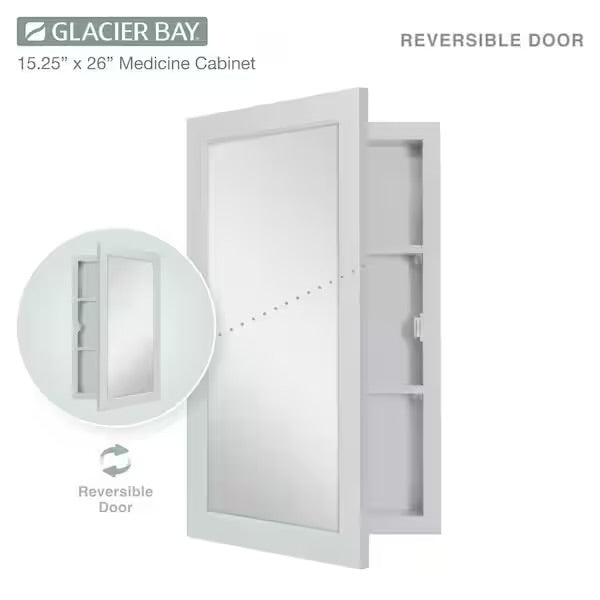 Open Box Glacier Bay 15-1/4 in. W x 26 in. H Framed Recessed or Surface-Mount Bathroom Medicine Cabinet with Mirror, Gray