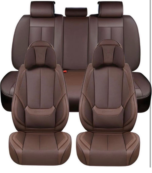 Open Box Coverado Front and Back Seat Covers 5 Pieces, Waterproof Nappa Leather Auto Seat Protectors Full Set with Head Pillow, Universal Car Accessor