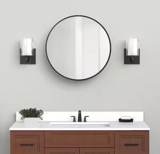Open Box New Glacier Bay 23.6 in. W x 23.6 in. H Round Matte Black Medicine Cabinet with Mirror