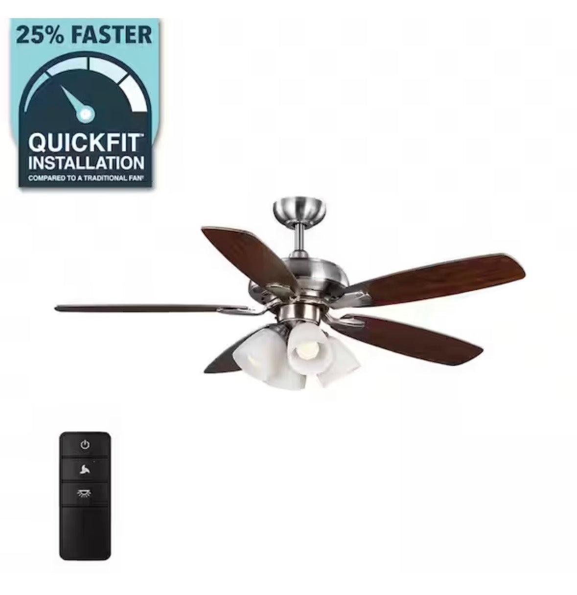 Hampton Bay
Hollis 52 in. Indoor LED Brushed Nickel Dry Rated Ceiling Fan with 5 Reversible Blades, Light Kit and Remote Control