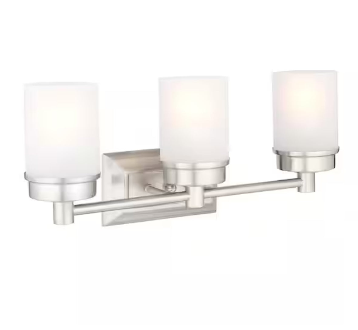 Hampton Bay Cade 3-light brushed nickel vanity fixture with frosted glass shades.