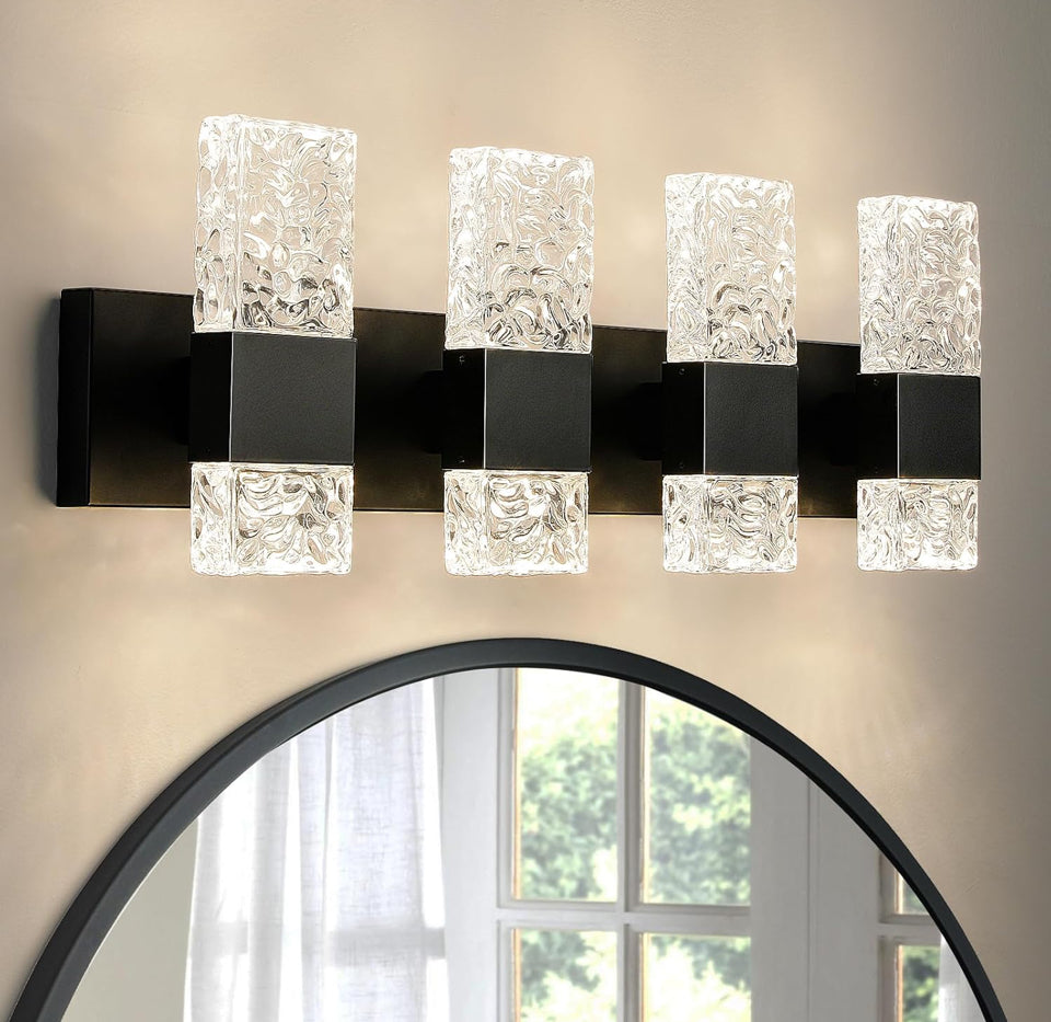 Open Box Epinl Black Bathroom Vanity Light Fixtures Bathroom Light Fixtures Over Mirror 4-Light 4000K LED Crystal Wall Sconces Modern 40W Brushed Hard