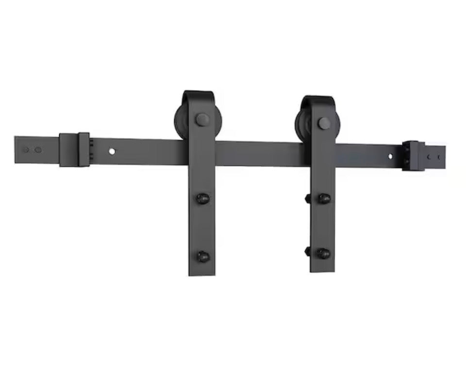 Black solid steel 78-inch sliding barn door hardware kit for single wood doors with routed floor guide