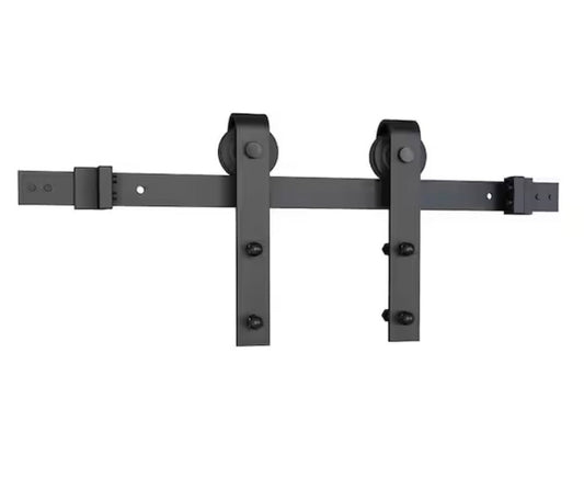 Black solid steel 78-inch sliding barn door hardware kit for single wood doors with routed floor guide