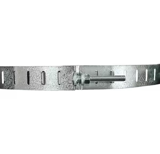 Galvanized steel water heater restraining strap with quick link system for secure seismic mounting.