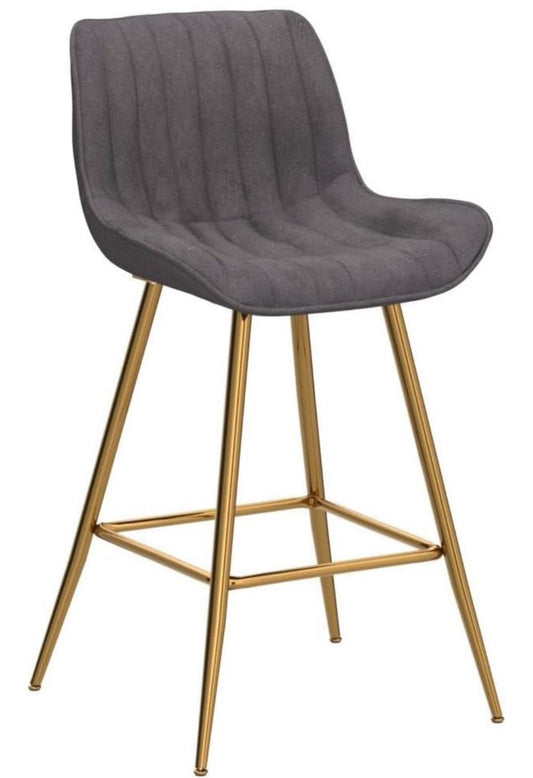 Grey velvet upholstered bar stool with gold metal legs and vertical stitching design, set of 2 counter height chairs.