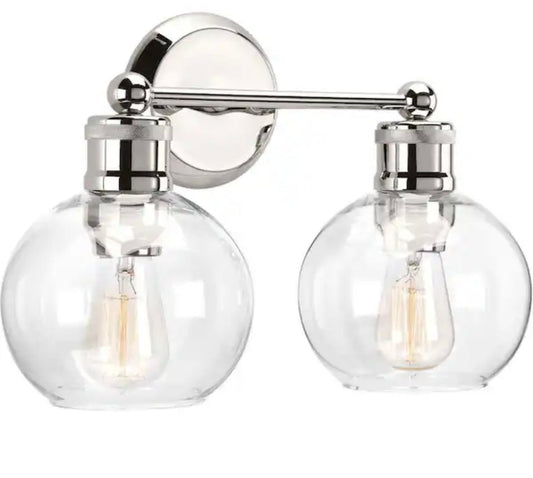 Polished nickel Progress Lighting Hansford Collection 2-light wall fixture with clear glass shades and metal coastal design