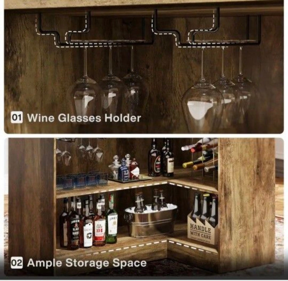 Open Box New BYBLIGHT Kearsten Brown 46.5 in. Bar Cabinet, L-Shaped Home Bar Table with Stemware Racks, 4-Tier Corner Bar Unit for Home Pub