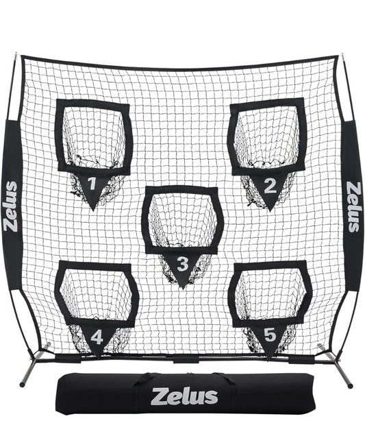 ZELUS Football Throwing Net with 5 target pockets and sturdy metal frame for quarterback training and improved throwing accuracy.