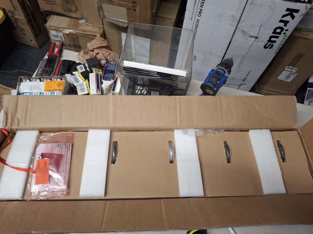 OPEN BOX NEW LNC Modern 35.5 in. 5-Light Aged Brass Vanity Light with Black Linear Frame and Clear Glass Globes