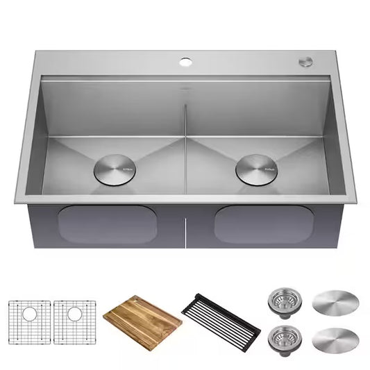 Open Box KRAUS Loften 33 in. Drop-In/Undermount Double Bowl 18 Gauge Stainless Steel Kitchen Workstation Sink with Accessories