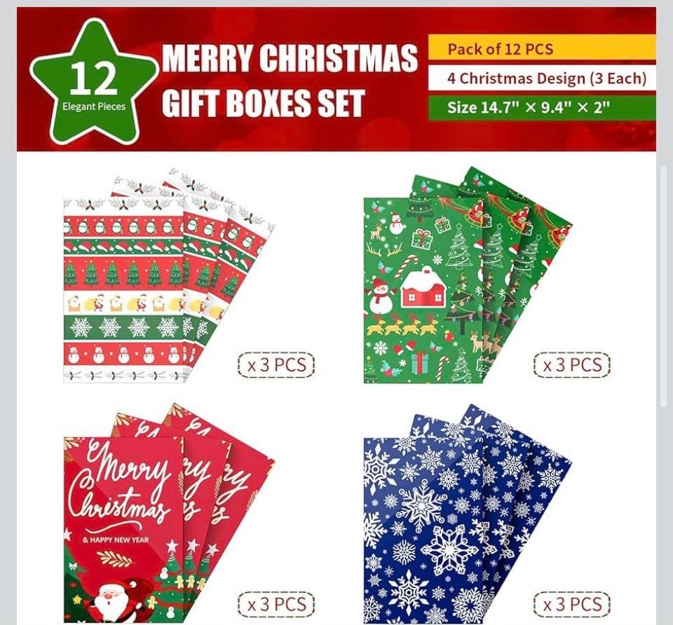 Brand New Uvaluefeet 12 Pack Christmas Gift Boxes with Lids, Patterned Shirt Clothes Boxes(12 Clothing Gift Boxes, 4 Designs: 3 Pieces Per Design & 1