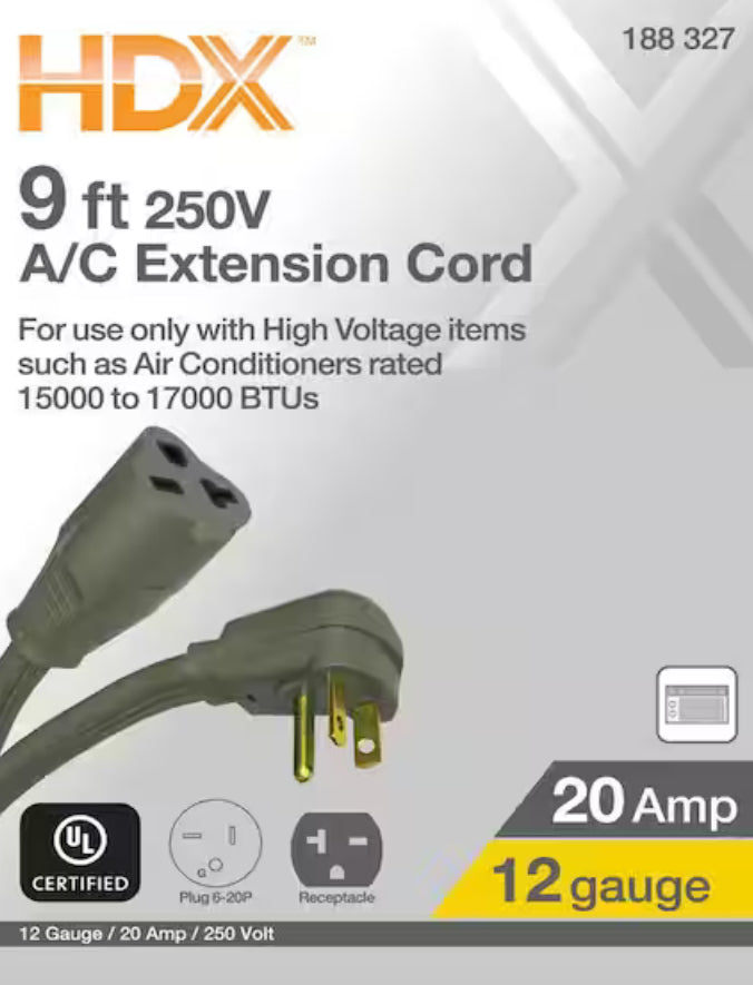 HDX 9 ft. 12/3 20 Amp 250-Volt Air Conditioner Extension Cord, Grey