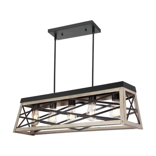 5-light kitchen island pendant lighting with black and wood painted open cage design.