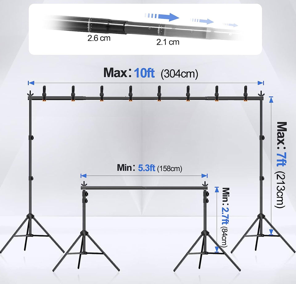 EMART Backdrop Stand 10x7ft(WxH) Photo Studio Adjustable Background Stand Support Kit with 2 Crossbars, 8 Backdrop Clamps, 2 Sandbags and Carrying Bag - Selzalot