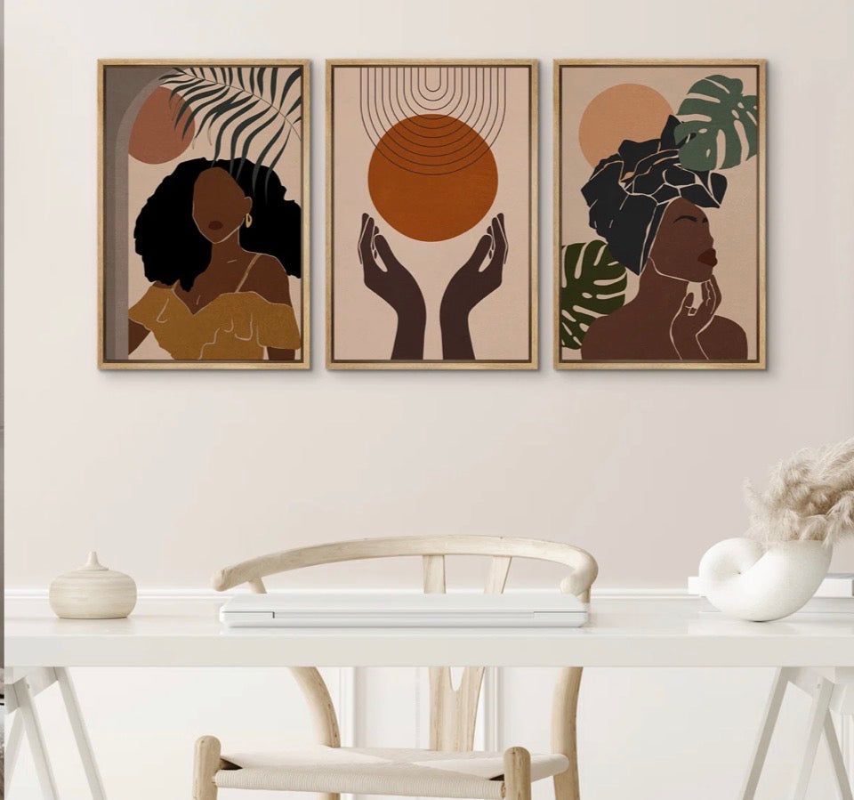 "IDEA4WALL Mid Century Modern Boho "" African American Stylish Black Woman Female Portrait Mid-Century Modern Boho Abstract Jungle Plant "" 3 - Pieces"