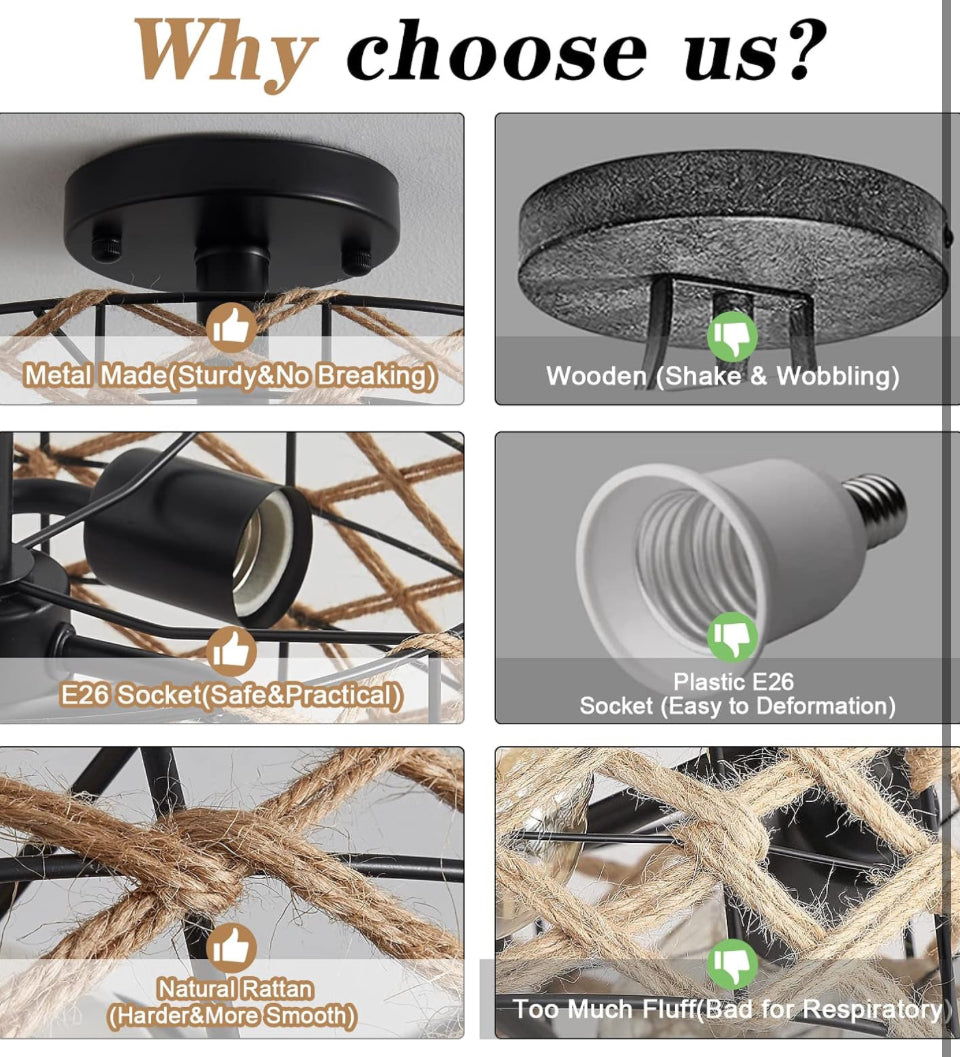 Open Box BUXVRCS Boho Flush Mount Ceiling Light, 3-Lights Black Drum Rustic Industrial Hemp Rope Cage Overhead Light Fixture, Rattan Light Fixtures for Hallway Bedroom Kitchen Entryway Farmhouse E26 Base