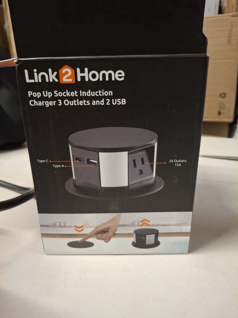 Used Link2Home 10-Watt Space Saver Pop Up-Outlet, Fast Induction Charger with Type-C USB, 3-Outlets, 2 USB Ports, Surge Protection