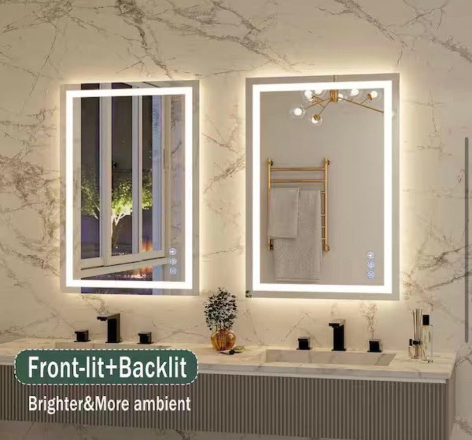 GLSLAND 26 in. W x 38 in. H LED Light Anti-Fog Rectangular Frameless Wall Bathroom Vanity Mirror White