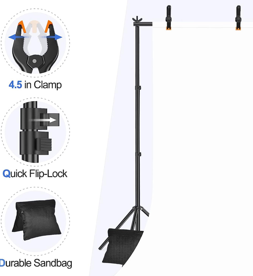 EMART Backdrop Stand 10x7ft(WxH) Photo Studio Adjustable Background Stand Support Kit with 2 Crossbars, 8 Backdrop Clamps, 2 Sandbags and Carrying Bag - Selzalot