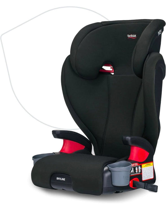 Britax Skyline 2-Stage Belt-Positioning Booster Car Seat in dusk color with highback and backless options, cup holders, and adjustable headrest for kids 40-120 lbs.